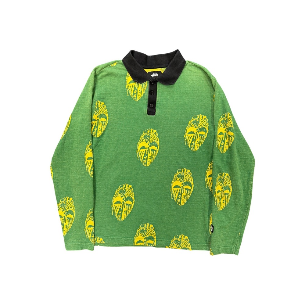 Stussy Mask Print Polo Mens Small Green Yellow Excellent Long Sleeve Rugby Shirt
